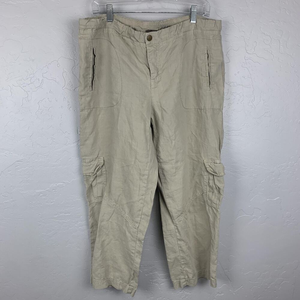 XCVI Pants Womens Large Beige Ramie Cargo Crop Elastic Waist Pockets Twill